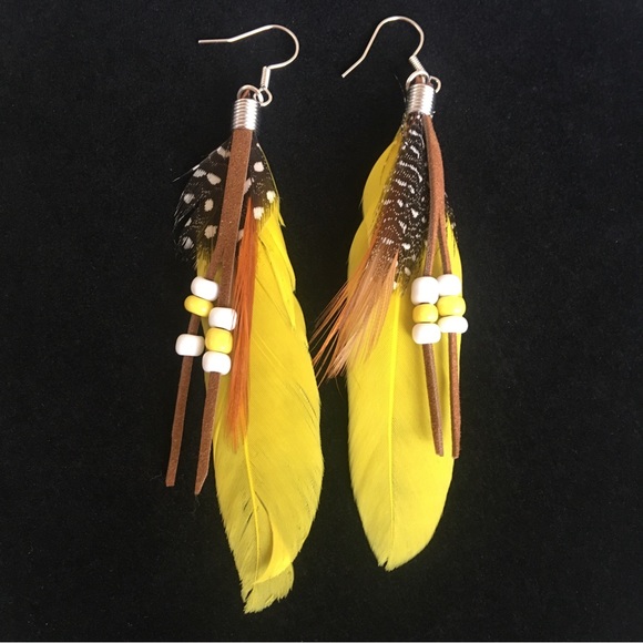 Yellow Feather Native Style Earrings - Picture 1 of 8